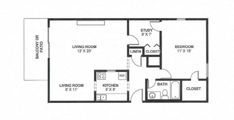 Floor plan for 1 bed, 1 bath, 900 sqft